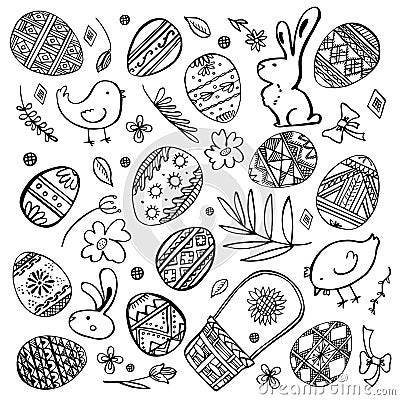 Easter sketch set. Painted eggs, rabbits, chickens, plants and basket. Hand drawn outline ink vector illustration Vector Illustration